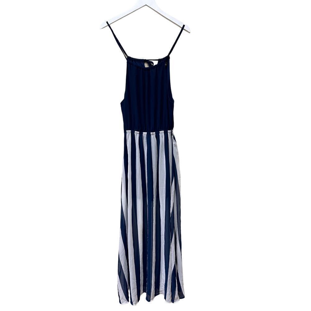 Navy Blue White Tie Back Striped Nautical Euro Summer Vacation Maxi Dress Size S